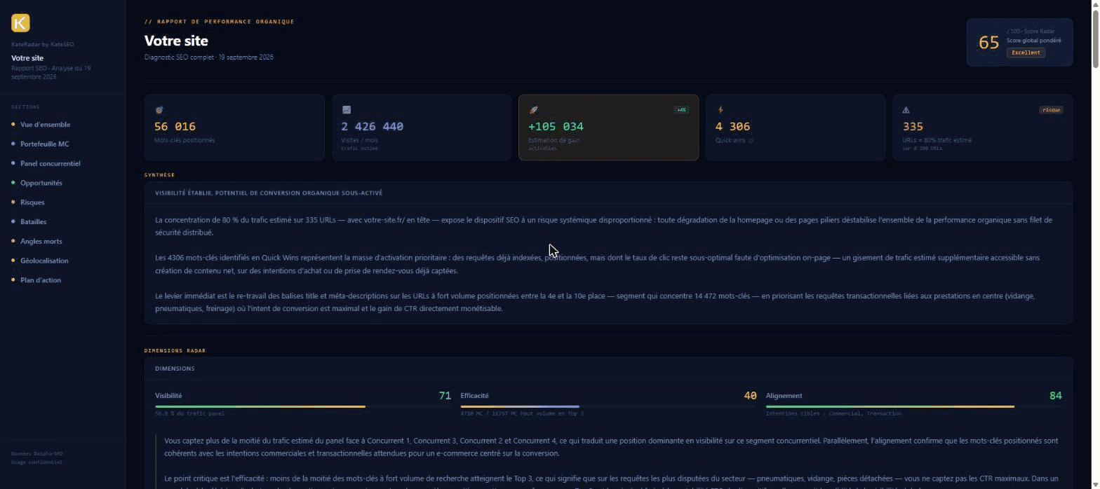 Aperçu d’un rapport d’analyse concurrentielle SEO KateRadar : RadarScore et indicateurs clés